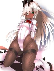 Rule 34 | 1girl, animal ears, bare shoulders, blush, boots, bow, bowtie, breasts, cleavage, dark-skinned female, dark skin, detached collar, detached sleeves, elf, eyebrows, fake animal ears, fishnet pantyhose, fishnets, green eyes, highres, kneeling, leotard, looking at viewer, open mouth, original, pantyhose, playboy bunny, pointy ears, rabbit ears, rabbit tail, silver hair, small breasts, solo, souma (ordures), tail, wrist cuffs