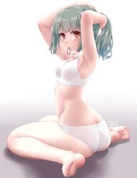 Rule 34 | 1girl, adjusting hair, ass, barefoot, blush, brown eyes, butt crack, dated, dd (ijigendd), green hair, highres, kantai collection, long hair, mouth hold, panties, ponytail, sitting, solo, twitter username, underwear, underwear only, wariza, white panties, yuubari (kancolle)