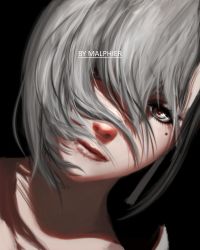 Rule 34 | 1girl, absurdres, akeha (nier reincarnation), artist name, black background, close-up, closed mouth, commentary, dutch angle, english commentary, eye focus, eyelashes, highres, malphier, mole, mole under eye, nier (series), nier reincarnation, red eyes, short hair, solo