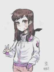 Rule 34 | apple (appleuniversing), artist name, brown eyes, brown hair, brown pants, casual, closed mouth, commentary, d.va (overwatch), drawstring, english commentary, facepaint, facial mark, grey background, hand in pocket, headphones, headphones around neck, heart, hood, hooded jacket, jacket, long hair, long sleeves, looking at viewer, muted color, overwatch, overwatch 1, pants, simple background, solo, swept bangs, v, whisker markings, white jacket