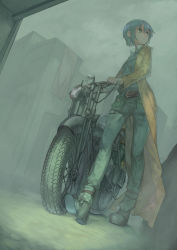 Rule 34 | 00s, 1girl, androgynous, belt, coat, flat tire, from below, green eyes, hermes (kino no tabi), highres, kino (kino no tabi), kino no tabi, looking away, motor vehicle, motorcycle, pouch, shiakoto, shoes, solo, vehicle