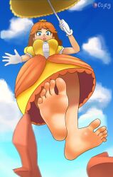 Rule 34 | 1girl, barefoot, blue eyes, brown hair, cloud, dress, feet, female focus, flying, foot focus, gloves, high heels, highres, legs, looking down, mario (series), nintendo, open mouth, osjey, parasol, princess daisy, shoes, sky, soles, solo, super mario land, super smash bros., toes, tomboy, umbrella, unworn footwear, unworn shoes, yellow dress