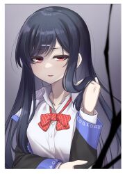 Rule 34 | 1girl, black jacket, blue hair, bow, bowtie, collared shirt, denonbu, hair ornament, hairclip, jacket, long hair, long sleeves, open clothes, open jacket, open mouth, red bow, red bowtie, red eyes, saetusum, school uniform, shinonome kazune, shirt, solo, upper body, white shirt