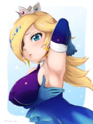 Rule 34 | absurdres, arm up, armpits, blade ride, blonde hair, blue eyes, blush, border, breasts, circlet, covered erect nipples, crown, dress, elbow gloves, gloves, hair ornament, hair over one eye, highres, large breasts, lips, long hair, looking at viewer, looking down, mario (series), mario kart, mario kart tour, nintendo, rosalina, sky, sleeveless, sleeveless dress, star (sky), starry sky, upper body, white border