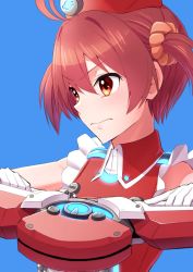 Rule 34 | 1girl, blue background, commentary request, gloves, hasegawa (hase popopo), hat, isshiki akane, looking to the side, palette suit, red eyes, red hair, short hair, sleeveless, solo, twintails, upper body, vividred operation, white gloves