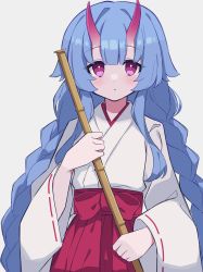 Rule 34 | 1girl, absurdres, bamboo, blue archive, blue hair, braid, broom, chise (blue archive), commentary, grey background, highres, holding, holding broom, horns, japanese clothes, kimono, long hair, long sleeves, looking at viewer, miko, obi, oni horns, parted lips, purple eyes, sash, simple background, solo, twin braids, uhouhogorigori, upper body, white kimono