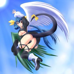 Rule 34 | 1girl, anus, arc system works, ass, asymmetrical wings, blue hair, blush, boots, breasts, dizzy (guilty gear), from below, guilty gear, guilty gear x, guilty gear xx, hair ribbon, highres, large breasts, long hair, looking at viewer, open mouth, red eyes, ribbon, shiny skin, sky, solo, tail, tail ornament, tail ribbon, thighhighs, underboob, upskirt, very long hair, wings, wiz (shadow)