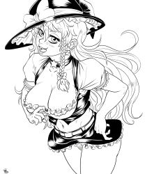 Rule 34 | 1girl, alternate breast size, belt, blush, bow, braid, breasts, censored, cleavage, cleavage reach, cleft of venus, clothes lift, earrings, female pubic hair, frilled skirt, frills, greyscale, hat, hat bow, high contrast, highres, jewelry, kirisame marisa, large breasts, lineart, long hair, looking at viewer, midriff, miniskirt, monochrome, naughty face, navel, nipple slip, nipples, no bra, no panties, open mouth, pointless censoring, pubic hair, puffy short sleeves, puffy sleeves, pulling own clothes, pussy, pussy peek, ragathol, short sleeves, side braid, single braid, skirt, skirt lift, solo, star (symbol), star earrings, touhou, wind, wind lift, witch hat