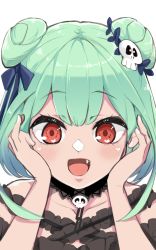 Rule 34 | 1girl, collarbone, detached collar, double bun, fang, green hair, hair bun, hair ornament, hands on own cheeks, hands on own face, highres, hololive, open mouth, panyatteria, portrait, red eyes, skull hair ornament, smile, solo, uruha rushia, uruha rushia (3rd costume), virtual youtuber