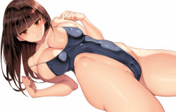 Rule 34 | 1girl, bare shoulders, blue one-piece swimsuit, blush, breasts, brown eyes, brown hair, cameltoe, cleavage, cleft of venus, collarbone, covered erect nipples, covered navel, crotch, deep skin, grey one-piece swimsuit, highleg, highleg swimsuit, large breasts, long hair, looking at viewer, lying, on back, one-piece swimsuit, original, parted lips, saburou (hgmg), simple background, solo, swimsuit, thighs, white background