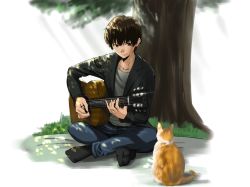 Rule 34 | 1boy, cat, guitar, highres, hone-hone, instrument, original, simple background, tree, white background