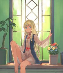 Rule 34 | 1girl, arm up, bare legs, barefoot, blonde hair, blue bra, blue eyes, blunt bangs, bow, bra, dress, flower, flower pot, hand on own knee, hand on wall, leg up, long hair, long sleeves, looking at viewer, original, parted lips, peroncho, plant, potted plant, red bow, red ribbon, ribbon, rose, sitting, solo, underwear, white dress, wide sleeves, window