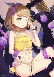 Rule 34 | briar rose (sinoalice), brown eyes, brown hair, bullet, child, flat chest, flower, hair flower, hair ornament, head wreath, highres, midriff, navel, omelet tomato, signature, sinoalice, sitting, solo, swimsuit, thigh strap, thighs