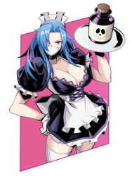 Rule 34 | + +, 1girl, alternate hairstyle, black dress, blue hair, breasts, cleavage, collarbone, dress, eyepatch, gloves, hand on own hip, highres, holding, holding plate, large breasts, long hair, looking at viewer, maid, maid day, maid headdress, mask, mouth mask, parted bangs, pechamaju, plate, poison, puffy short sleeves, puffy sleeves, red eyes, short sleeves, skull, skullgirls, solo, surgical mask, thighhighs, valentine (skullgirls), white gloves, white thighhighs