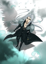 Rule 34 | 00s, 1990s (style), 1boy, applemac, feathers, final fantasy, final fantasy vii, final fantasy vii advent children, from above, gloves, green eyes, highres, lips, long hair, looking up, male focus, sephiroth, shadow, silver hair, solo, sword, weapon