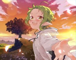 1girl ahoge elf forehead green_hair highres hood hooded_jacket jacket looking_at_viewer mokkori mushoku_tensei open_mouth pointy_ears red_eyes shirt short_eyebrows smile solo sylphiette_(mushoku_tensei) upper_body white_jacket