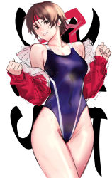 Rule 34 | 1girl, absurdres, alternate costume, brown eyes, brown hair, clenched hand, competition swimsuit, cowboy shot, hachimaki, hairband, headband, highres, jacket, jacket over swimsuit, kasugano sakura, long sleeves, looking to the side, one-piece swimsuit, open clothes, red hairband, short hair, solo, street fighter, street fighter v, swimsuit, tetsu (kimuchi), tomboy, track jacket, white background