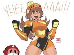 Rule 34 | 1girl, 1other, armor, blue eyes, breasts, brown hair, clenched hands, crazy smile, crown, earrings, flower earrings, gloves, helmet, highres, jewelry, kamii momoru, large breasts, long hair, mario (series), mario strikers: battle league, mask, nintendo, princess daisy, shorts, shy guy, smile, tan, thighs