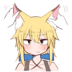 Rule 34 | 1girl, animal ear fluff, animal ears, blonde hair, blue bow, blush, bow, chibi, closed mouth, collarbone, fang, fang out, fox ears, green eyes, hair between eyes, hair bow, hair ornament, looking at viewer, lowres, original, portrait, pov, pov hands, ryuusei (ryuuseiseikou), simple background, solo focus, sweatdrop, tamakagura inari, white background, yagi (ningen)