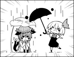 Rule 34 | &gt; &lt;, 2girls, :d, :o, > <, animal ears, bad id, bad pixiv id, bow, cat ears, cat tail, chen, chibi, demekyon, earrings, closed eyes, greyscale, hair bow, hat, jewelry, leaf umbrella, mob cap, monochrome, multiple girls, multiple tails, mundane utility, nekomata, open mouth, rain, rumia, short hair, short sleeves, single earring, smile, solid circle eyes, tail, touhou, two tails, umbrella, xd