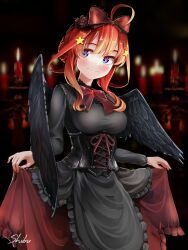Rule 34 | 1girl, 5hibu05, absurdres, ahoge, angel wings, artist name, black corset, black dress, black wings, blue eyes, blush, bow, breasts, candle, closed mouth, corset, dress, feathered wings, go-toubun no hanayome, hair bow, hair bun, hair ornament, highres, long dress, long sleeves, medium breasts, medium hair, nail polish, nakano itsuki, neck ribbon, red bow, red dress, red hair, red nails, red ribbon, ribbon, skirt hold, solo, star (symbol), star hair ornament, two-sided dress, two-sided fabric, wings