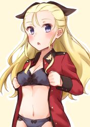 Rule 34 | 10s, 1girl, assam (girls und panzer), bad id, bad pixiv id, black bra, black panties, blonde hair, blush, bow, bow bra, bow panties, bra, breasts, cleavage, girls und panzer, hair ribbon, hair slicked back, highres, jacket, kapatarou, long hair, looking at viewer, military, military uniform, no pants, open clothes, open jacket, open mouth, panties, purple eyes, red jacket, ribbon, simple background, solo, standing, underwear, undressing, uniform, upper body, yellow background