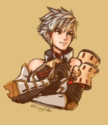 Rule 34 | 1boy, addam origo, armor, bare shoulders, commentary, english commentary, gloves, highres, issycake, looking afar, male focus, nintendo, pauldrons, short hair, shoulder armor, silver hair, simple background, solo, tan background, twitter username, upper body, xenoblade chronicles (series), xenoblade chronicles 2, xenoblade chronicles (series), xenoblade chronicles 2, xenoblade chronicles 2: torna - the golden country, yellow eyes