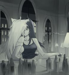 Rule 34 | 1boy, 3girls, alcohol, animal ear fluff, animal ears, arknights, bar (place), bare arms, bottle, breasts, collarbone, cup, dress, drinking glass, closed eyes, greyscale, highres, indoors, jewelry, kiss, lamp, lappland (arknights), long hair, medium breasts, meng ziya, monochrome, multiple girls, nail polish, necklace, off-shoulder dress, off shoulder, shirt, symbol-only commentary, tank top, texas (arknights), window, wine glass, wolf ears, yuri