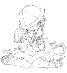 Rule 34 | 1girl, :3, arm support, brooch, child, full body, greyscale, hand on headwear, hand up, hat, hat over one eye, hatching (texture), headphones, heart, heart brooch, highres, jewelry, kindergarten uniform, kokage uyuri, light blush, long hair, looking at viewer, loose socks, low twintails, mary janes, microphone, monochrome, name tag, open mouth, school hat, shoes, sitting, sleeves past fingers, sleeves past wrists, smile, socks, solo, tilted headwear, tsukuyomi ai, twintails, voiceroid, wariza