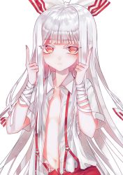 Rule 34 | 1girl, bandages, bow, expressionless, fujiwara no mokou, hair bow, hair ornament, image sample, long hair, looking at viewer, navel, open clothes, open shirt, pants, pokan (xz1128), red eyes, shirt, short sleeves, simple background, solo, touhou, upper body, white background, white hair
