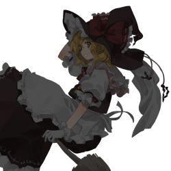 Rule 34 | 1girl, apron, arm up, blonde hair, brown hat, brown skirt, brown vest, commentary request, frilled apron, frilled gloves, frilled hat, frilled ribbon, frilled sleeves, frills, gloves, hat, hat ribbon, kaigen 1025, kirisame marisa, medium hair, open mouth, puffy short sleeves, puffy sleeves, red ribbon, ribbon, shirt, short sleeves, simple background, skirt, smile, solo, touhou, vest, waist apron, white gloves, white shirt, witch hat, yellow eyes
