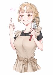 Rule 34 | 1girl, apron, black shirt, brown apron, brown eyes, chocolate, food, food on face, food on hand, heart, highres, holding, holding whisk, light brown hair, nao 0829 17, nijisanji, parted bangs, shirt, sister claire, solo, tasting, tongue, tongue out, valentine, virtual youtuber, whisk, white background