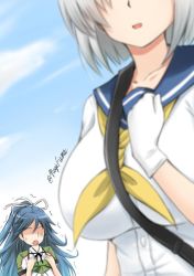 Rule 34 | 10s, 2girls, black hair, breast envy, breasts, fuuma nagi, hamakaze (kancolle), hand on own chest, impossible clothes, kantai collection, katsuragi (kancolle), large breasts, multiple girls, out of frame, ponytail, school uniform, serafuku, shaded face, short hair, silver hair