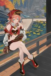 Rule 34 | 1girl, antlers, book, boots, breasts, cleavage, day, detached sleeves, genshin impact, green eyes, hair between eyes, hat, highres, holding, holding book, horns, long hair, mumu vosp, outdoors, pink hair, pond, railing, red hat, sitting, small breasts, smile, solo, tassel, tree, water, yanfei (genshin impact)