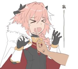 Rule 34 | &gt; &lt;, 1boy, androgynous, anger vein, astolfo (fate), bow, braid, cape, fang, fate/apocrypha, fate (series), flying teardrops, hair bow, kadoyuki (kadouki), long hair, male focus, pink hair, pulling, simple background, single braid, skin fang, solo focus, upper body, white background