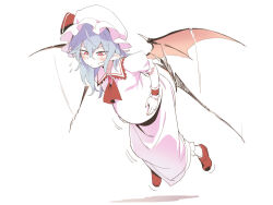 Rule 34 | 1girl, afterimage, ascot, asutora, bat wings, big belly, blue hair, blush, closed mouth, collared shirt, commentary, flying, full body, hair between eyes, hat, hat ribbon, medium hair, mob cap, pregnant, red ascot, red eyes, red footwear, red ribbon, remilia scarlet, ribbon, shirt, shoes, short sleeves, simple background, skirt, solo, touhou, white background, white hat, white shirt, white skirt, wings, wrist cuffs