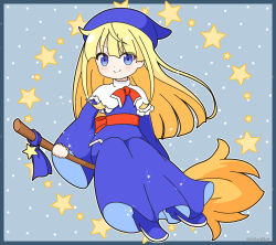 Rule 34 | 1girl, blonde hair, blue dress, blue eyes, blue footwear, blue headwear, boots, bow, broom, broom riding, capelet, closed mouth, commentary request, dress, full body, grey background, high heel boots, high heels, long hair, long sleeves, looking at viewer, mitya, polka dot, polka dot background, puyopuyo, red bow, smile, solo, star (symbol), very long hair, white capelet, wide sleeves, witch (puyopuyo)