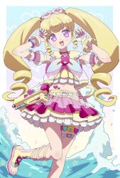 Rule 34 | 1girl, :d, belt, bikini, blonde hair, blush, bracelet, commentary request, detached sleeves, drill hair, edamame (buruburu), fingerless gloves, gloves, goggles, goggles on head, hands up, heart, heart tattoo, highres, idol time pripara, jewelry, layered skirt, long hair, looking at viewer, navel, neckerchief, open mouth, pretty series, pripara, puffy detached sleeves, puffy sleeves, purple eyes, sailor collar, sandals, see-through, sidelocks, skirt, smile, solo, standing, standing on one leg, swimsuit, tattoo, thigh strap, twin drills, twintails, very long hair, water, water gun, waves, white belt, white gloves, yellow sailor collar, yumekawa yui
