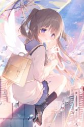 Rule 34 | 1girl, backpack, bag, black socks, blue sky, brown footwear, brown hair, building, cloud, commentary, day, holding, holding umbrella, loafers, long hair, looking at viewer, looking to the side, original, outdoors, pleated skirt, purple eyes, purple skirt, rain, shiratama (shiratamaco), shirt, shoes, sitting, skirt, sky, socks, solo, transparent, transparent umbrella, two side up, umbrella, very long hair, white shirt