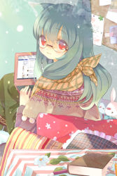Rule 34 | 1girl, alitou, animal ears, aqua hair, bad id, bad pixiv id, book, cat ears, cat girl, computer, female focus, from behind, glasses, indoors, laptop, long hair, original, pillow, red eyes, sitting, smile, solo