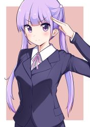 Rule 34 | 1girl, blazer, blush, border, breasts, brown background, closed mouth, collared shirt, highres, jacket, long hair, long sleeves, neck ribbon, new game!, outside border, pink ribbon, purple eyes, purple hair, purple jacket, ribbon, salute, shirt, small breasts, smile, solo, suzukaze aoba, twintails, upper body, v-shaped eyebrows, very long hair, white border, white shirt, wing collar, yyamashii