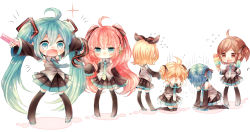 Rule 34 | 2boys, 4girls, ahoge, all fours, alternate hairstyle, blonde hair, boots, brown eyes, brown hair, chibi, comb, cosplay, covering face, crossdressing, detached sleeves, flying sweatdrops, food, green eyes, green hair, hair ribbon, hatsune miku, hatsune miku (cosplay), headphones, highres, ice cream, ice cream cone, kagamine len, kagamine rin, kaito (vocaloid), kneeling, long hair, megurine luka, meiko (vocaloid), multiple boys, multiple girls, necktie, niwako, open mouth, outstretched arms, pigeon-toed, pink hair, popsicle, red hair, ribbon, short hair, skirt, spread arms, sweat, thigh boots, thighhighs, trap, twintails, very long hair, vocaloid, white background