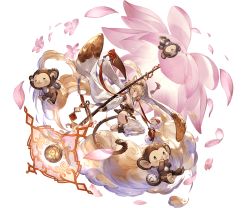 Rule 34 | 10s, 1girl, andira (granblue fantasy), ass, barefoot, blonde hair, breasts, cleavage cutout, clothing cutout, cloud, erune, flower, flying nimbus, granblue fantasy, hair ornament, headband, minaba hideo, monkey, monkey tail, official art, red eyes, short hair, sideboob, solo, staff, tail, transparent background