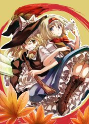 Rule 34 | 2girls, alice margatroid, apron, autumn leaves, blonde hair, blue eyes, book, boots, bow, braid, broom, capelet, cup, dress, frilled dress, frills, grin, hair bow, hat, kirisame marisa, leaf, locked arms, long hair, looking at viewer, maple leaf, mitsunara, multiple girls, neck ribbon, ribbon, short hair, smile, teacup, touhou, witch hat, yellow eyes