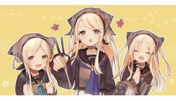 Rule 34 | 3girls, ^ ^, blonde hair, blush, choker, chopsticks, closed eyes, closed eyes, happy, hat, highres, holding, holding chopsticks, long hair, looking at viewer, merry-san, multiple girls, open mouth, own hands together, purple eyes, saliva, siblings, sidelocks, sinoalice, sisters, teeth, three little pigs (sinoalice), twintails, yellow background