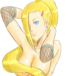 Rule 34 | 1girl, blonde hair, blue eyes, bonnie (rsg), breasts, censored, cleavage, convenient censoring, earrings, female focus, fishnets, hair censor, hair ornament, hair over breasts, hair over one eye, hairclip, jewelry, long hair, lowres, naruto, naruto (series), ponytail, simple background, solo, white background, yamanaka ino