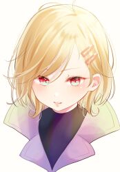 Rule 34 | 1other, antenna hair, blonde hair, gnosia, hair between eyes, hair ornament, hairclip, highres, looking at viewer, nekotemari, other focus, red eyes, setsu (gnosia), short hair, simple background, solo, turtleneck, white background
