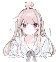 Rule 34 | 1girl, ahoge, blush, bow, brown hair, chikuwa., closed mouth, collarbone, commentary request, cropped torso, grey bow, highres, long hair, original, purple eyes, romaji text, shirt, simple background, sketch, smile, solo, translation request, two side up, upper body, white background, white shirt