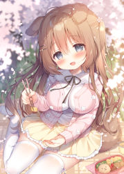 Rule 34 | 1girl, animal ears, blue eyes, blush, breasts, brown hair, cardigan, cherry blossoms, chopsticks, dog ears, dog girl, dog tail, food, from above, hair ornament, hairclip, hanami, highres, holding, holding chopsticks, knees together feet apart, large breasts, long hair, looking at viewer, looking up, miniskirt, momozu komamochi, open mouth, oppai loli, original, petals, pink cardigan, shirt, sitting, skirt, smile, solo, tail, thighhighs, thighs, tree, very long hair, white shirt, white thighhighs, yellow skirt