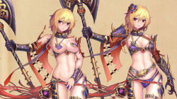 Rule 34 | 1girl, absurdres, armor, asymmetrical clothes, axe, bad id, bad pixiv id, battle axe, bikini armor, blonde hair, blush, breasts, cleavage, covering privates, cowboy shot, detached collar, gluteal fold, highres, looking at viewer, multiple views, navel, original, parted lips, pauldrons, purple eyes, senteiou, short hair, shoulder armor, thigh strap, vambraces, variations, weapon